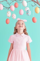 Joyful girl in pink dress gazing up at colorful hanging easter eggs against fresh mint background
