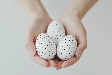 Delicate hands holding three speckled white eggs against a soft background in a minimalistic style for easter decor inspiration