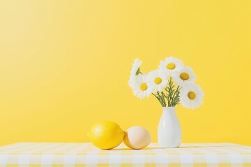 Bright yellow still life with fresh daisies, lemon, and egg on checkered tablecloth, perfect for cheerful home decor and spring themes