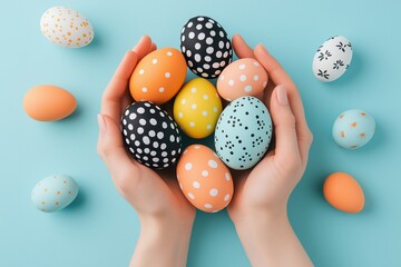 Vibrant pastel easter eggs in hands a festive display of colorful, decorative eggs against a soft blue background