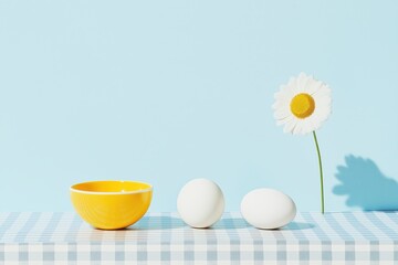 Bright yellow bowl with fresh white eggs and a daisy flower on a light blue background creating a cheerful kitchen ambiance
