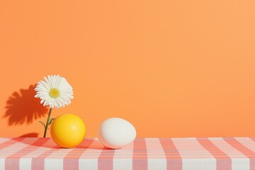 Charming still life with colorful easter eggs and daisies against a vibrant orange background, perfect for seasonal celebrations