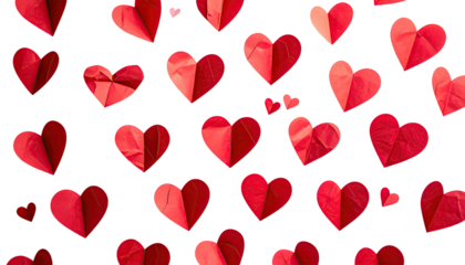 Red paper hearts scattered on black background (1)