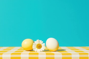 Bright yellow tablecloth with vibrant eggs and a daisy against a turquoise background for fresh spring decor inspiration