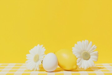 Fresh lemon and egg with white daisies against bright yellow background for vibrant culinary and springtime concepts