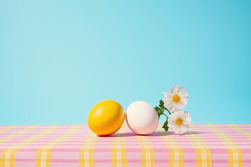 Colorful eggs with white flowers on a pink-checked tablecloth against a light blue background for spring and celebration themes