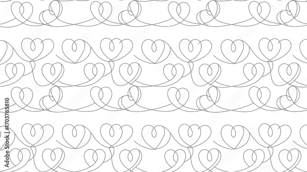 Poster continuous line drawing of hearts arranged in rows on a white background creating a pattern design