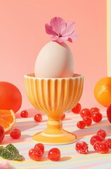 Elegant egg display with flower accent and colorful fruits on a vibrant pastel background, perfect for spring and seasonal celebrations