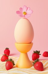 Elegant egg display with flower on stand surrounded by fresh strawberries against a soft pink background