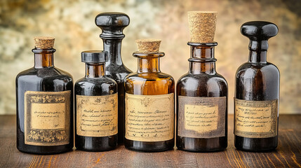 Collection of glass jars containing mysterious ingredients, labels with cryptic writing, glowing contents