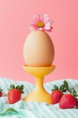 Delicate egg displayed with pink daisy on yellow holder amidst fresh strawberries against a soft pink background