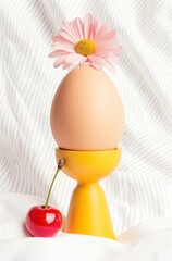 Whimsical egg display with pink daisy and cherry on yellow stand against soft white striped fabric background for playful culinary themes