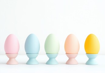 Pastel-colored easter eggs in stylish egg cups for spring celebrations and festive decor