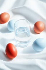 Brightly colored eggs surrounding a glass of water on soft fabric a fresh and vibrant tabletop display for spring celebrations