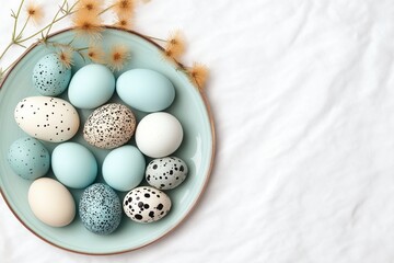 Colorful easter eggs on a soft fabric background with delicate floral accents, perfect for spring celebrations and seasonal decor