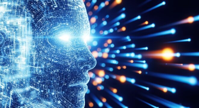 Artificial intelligence head with light rays and data stream concept