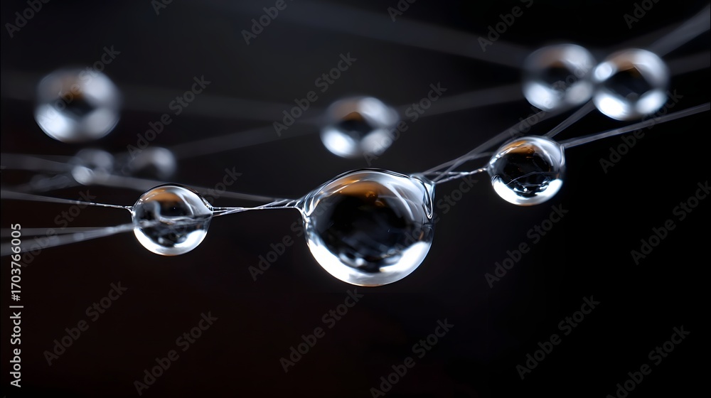 Poster close-up of transparent water droplets glistening on a dark, minimalist surface, creating a mesmeriz