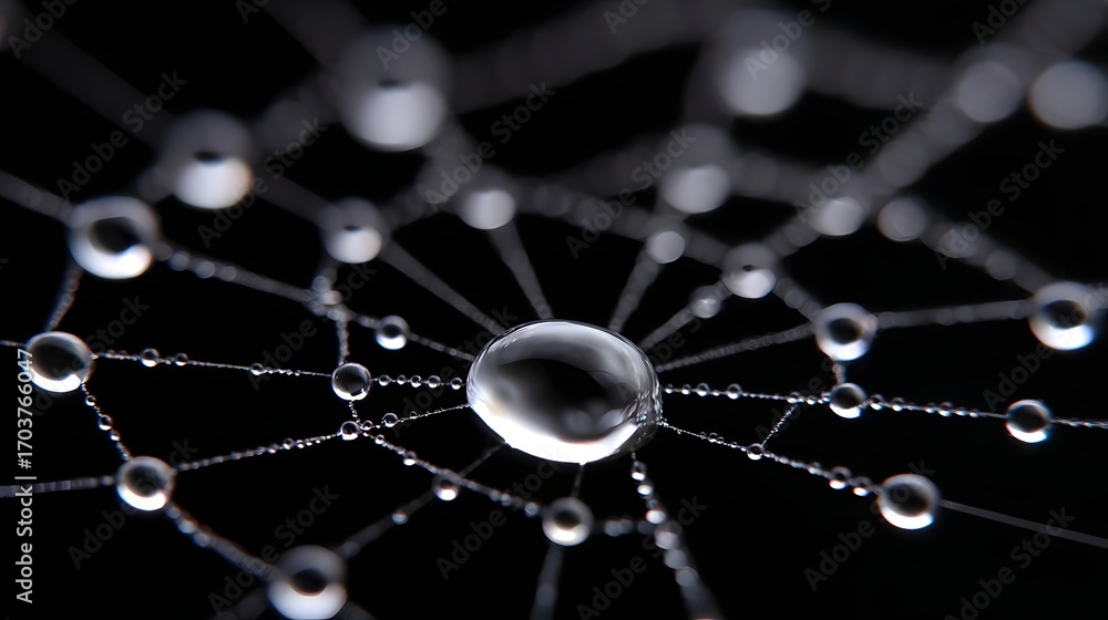 Poster a conceptual image depicting an abstract molecular network structure with transparent bubbles, symbo