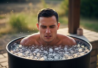 A man submerges his upper body in a large, dark barrel filled with ice, experiencing the cold therapy treatment.