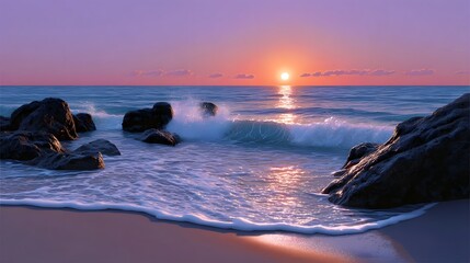 Breathtaking view of crashing waves against the rocky shore as the sun sets over the tranquil ocean horizon