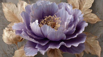 Beautiful spring purple 3D flower with golden leavs on decorative background as wallpaper illustration, Elegant Purple Gold Flower
