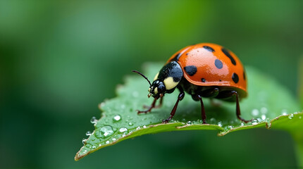 Fototapeta premium Close up of a ladybug on a green leaf with water droplets on it