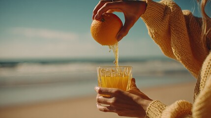 Woman squeezing an orange over a glass of juice on a sunny beach with ocean waves in the background