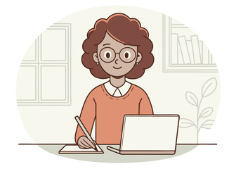 Woman with curly hair working at a desk with a laptop and notebook vector illustration