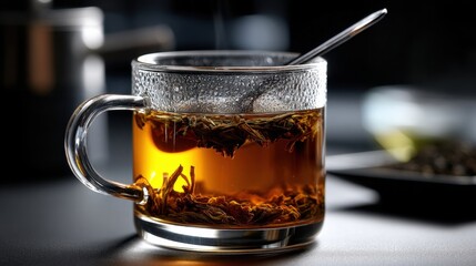 Herbal tea being steeped , side angle shot , in a minimal tea setup , calm composition , with diffused backlighting