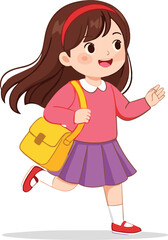 Happy girl walking, cartoon child illustration, school kid with bag, cheerful student, cute character, white background, playful, energetic, smiling, motion