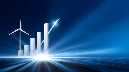 A futuristic scene featuring wind turbines, energy infrastructure, and bright lights against a blue sky horizon, symbolizing clean, renewable power and technological progress.