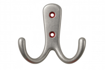 Metal double wall hook with brushed finish, mounting red screws visible, suspended against transparent backdrop