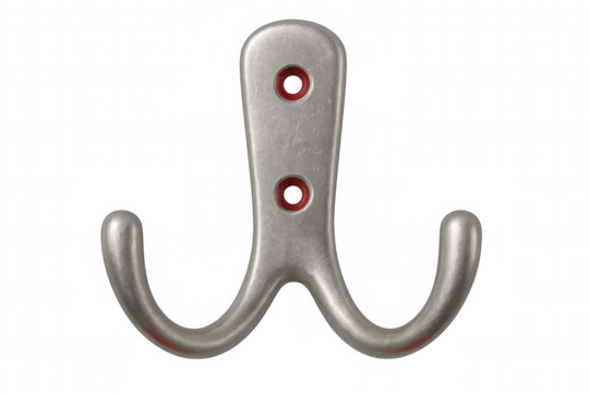 Metal double wall hook with brushed finish, mounting red screws visible, suspended against transparent backdrop