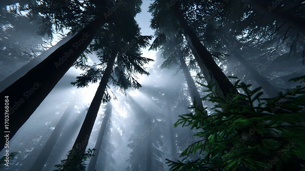 Poster mystical forest landscape with tall, evergreen trees enveloped in a moody, atmospheric mist and fog,