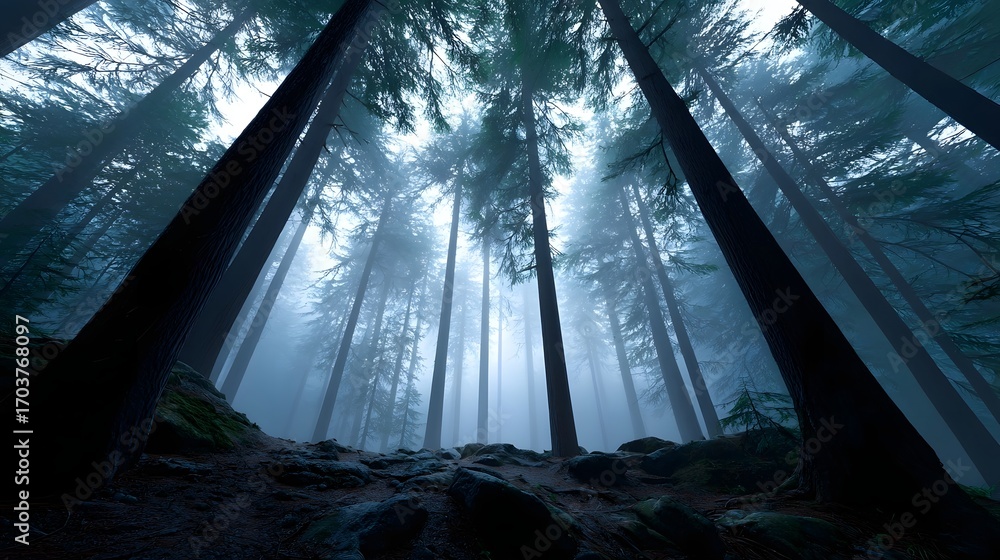 Poster serene and mysterious misty forest landscape with towering evergreen trees casting long shadows in t