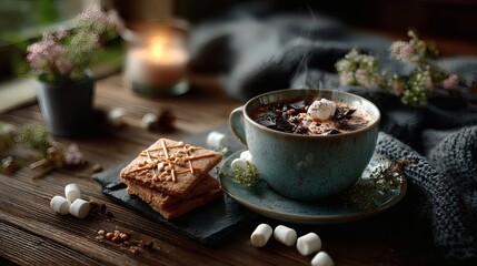 Christmas cookies gingerbread hot chocolate marshmallows wooden table cozy holiday festive baking decoration rustic seasonal winter mood 