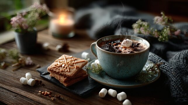 Christmas cookies gingerbread hot chocolate marshmallows wooden table cozy holiday festive baking decoration rustic seasonal winter mood  - Powered by Adobe