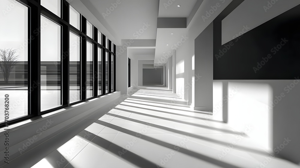 Poster a spacious, modern hallway with large, clean lines, and a minimalist geometric pattern on the floor 