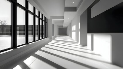 Obraz premium A spacious, modern hallway with large, clean lines, and a minimalist geometric pattern on the floor tiles, creating a bright and open atmosphere.