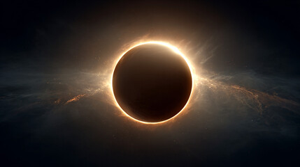 Obraz premium A dark planet encircled by a bright golden ring in space cosmic dust particles surrounding it