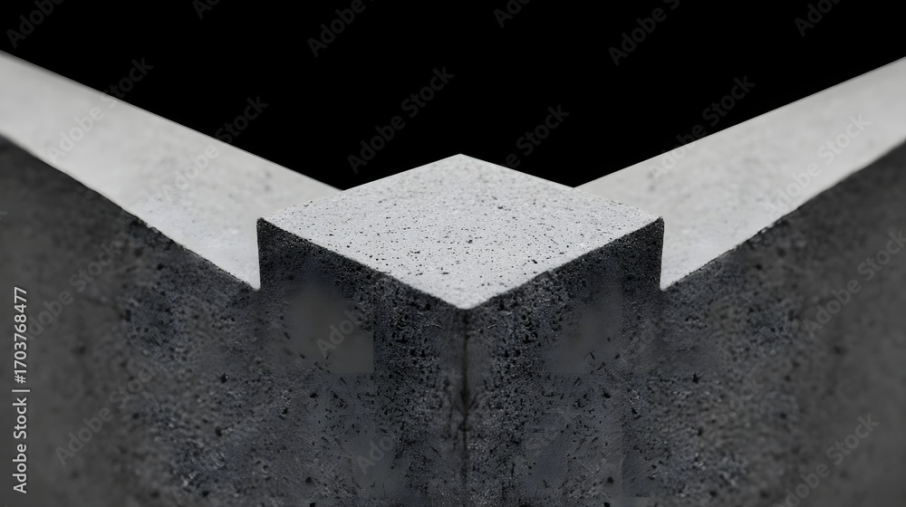 Poster minimalist, modern architectural design featuring intersecting concrete blocks and textured surfaces