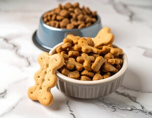 Dog food in bowls on marble