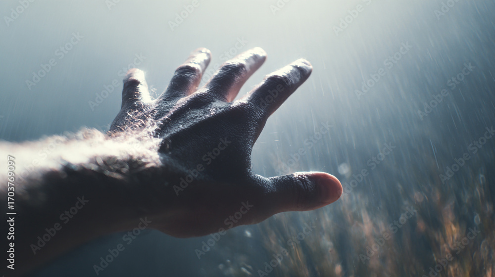 Poster a hand reaches out towards light and falling particles a hazy field in the background