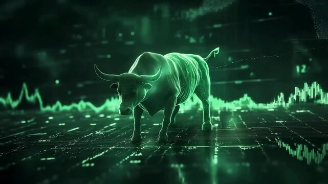 The bullish trend in finance and stock market, with a strong bull symbolizing wealth, growth, and positive trading momentum.