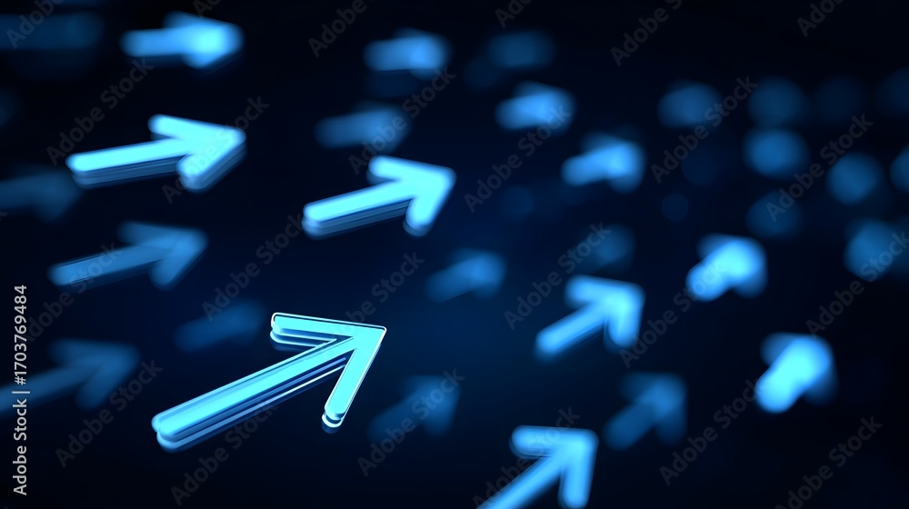 Poster a digital abstract background with an array of illuminated blue neon arrows moving in different dire