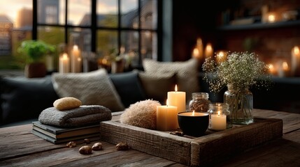 Nordic Scandinavian Christmas living room natural wood candles festive holiday interior cozy seasonal decor minimal modern background 