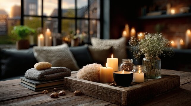 Nordic Scandinavian Christmas living room natural wood candles festive holiday interior cozy seasonal decor minimal modern background 