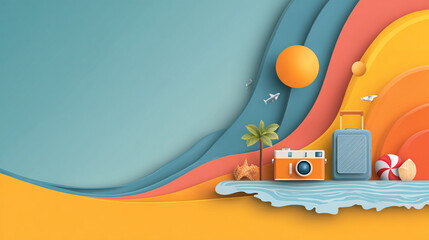 Summer vacation travel scene with suitcase camera palm tree and beach ball