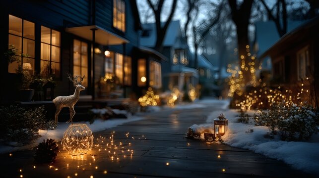 Magical Christmas night glowing reindeer decorations fairy lights snowy garden festive holiday seasonal wonderland outdoor winter scene 