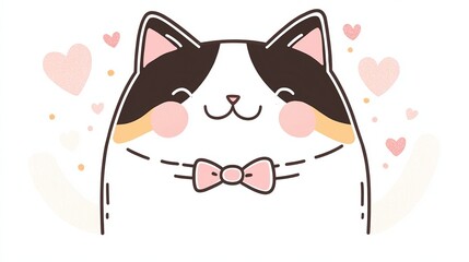 A cute cartoon cat with a bow tie surrounded by hearts, perfect for greeting cards, pet-related content, or playful digital designs that evoke warmth and affection,